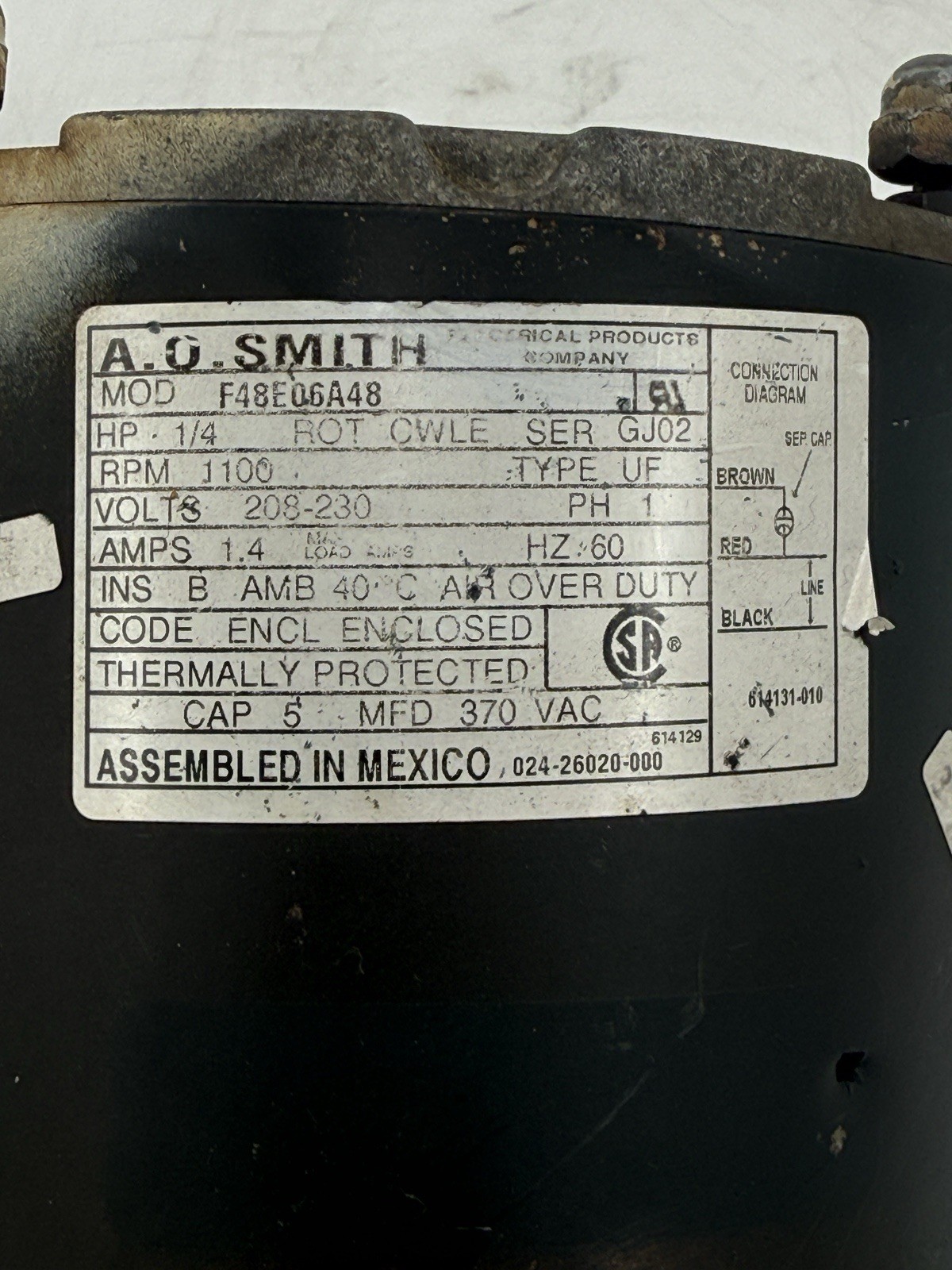 A.O.Smith F48E06A48 1/4 HP 208-230 V 1100 RPM Condenser FAN MOTOR 024-26020-000