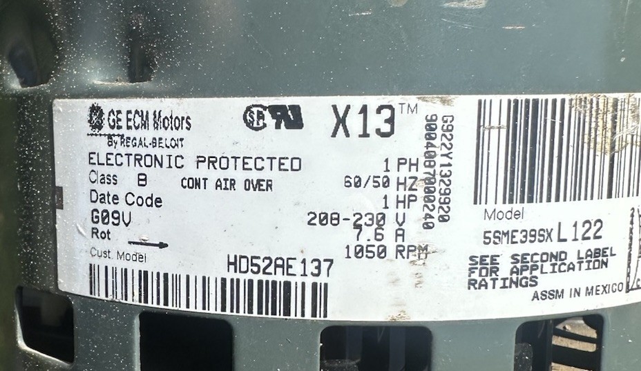 Genteq X13 1HP ECM Blower Motor 5SME39SXL122 HD52AE137 200-230V 1050RPM