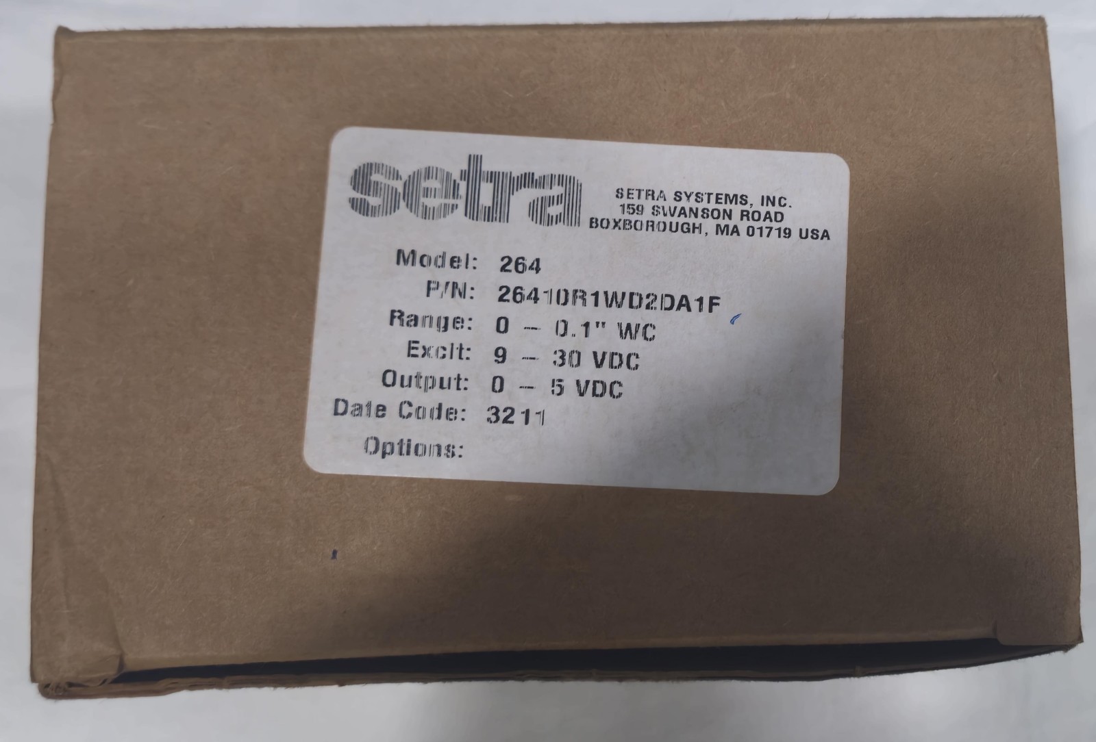 Setra Model 264 Differential Pressure Transducer 26410R1WD2DA1F RANGE:0-0.1″ WC