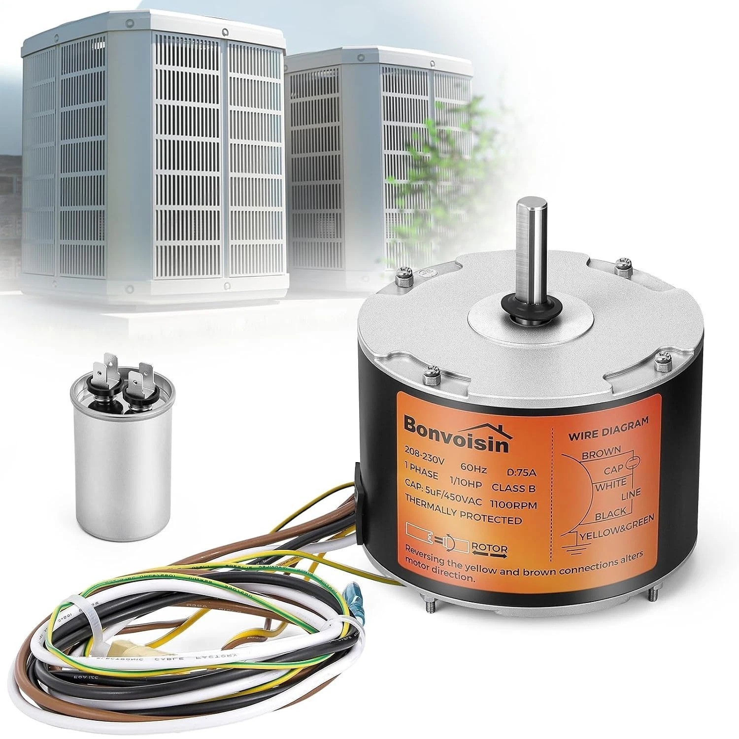 Condenser Fan Motor 1/10 HP, 1100 RPM, AC Replacement Condenser Fan Motor wit…