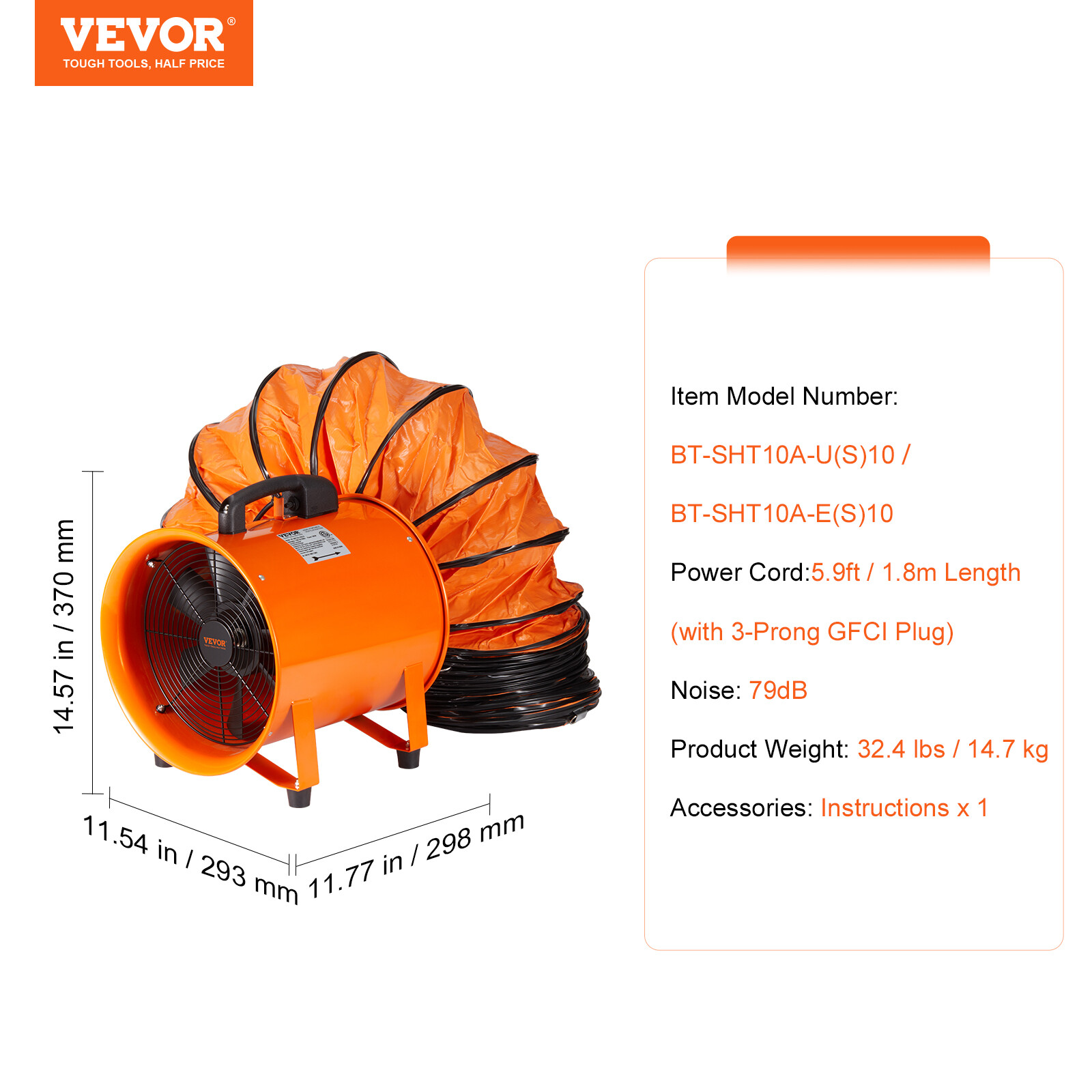 VEVOR 10″ Portable Extractor Fan Blower 10m Duct Hose Ventilator Industrial
