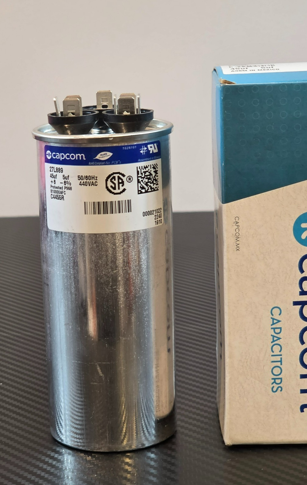 Capcom 45 + 5 UF MFD 440 VAC Replacement Round Run Capacitor # C4455R 27L889