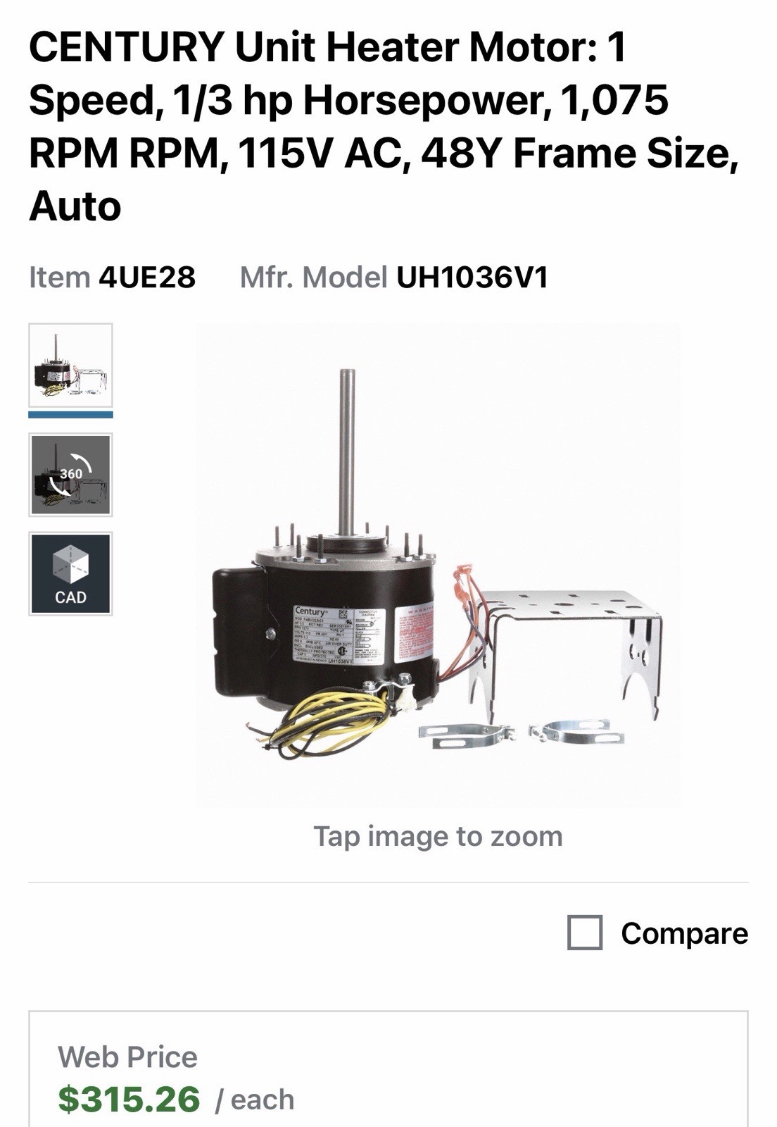 Century Uh1036v1 Unit Heater Motor, 1/3 Hp Minor Cap Dent New