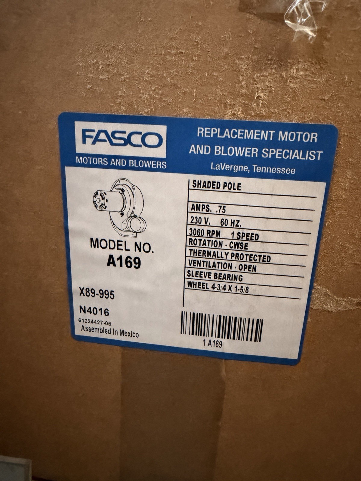 Fasco A169 1-Speed 3060 RPM 151 – 500 CFM Intercity Draft Inducer Motor (230V)