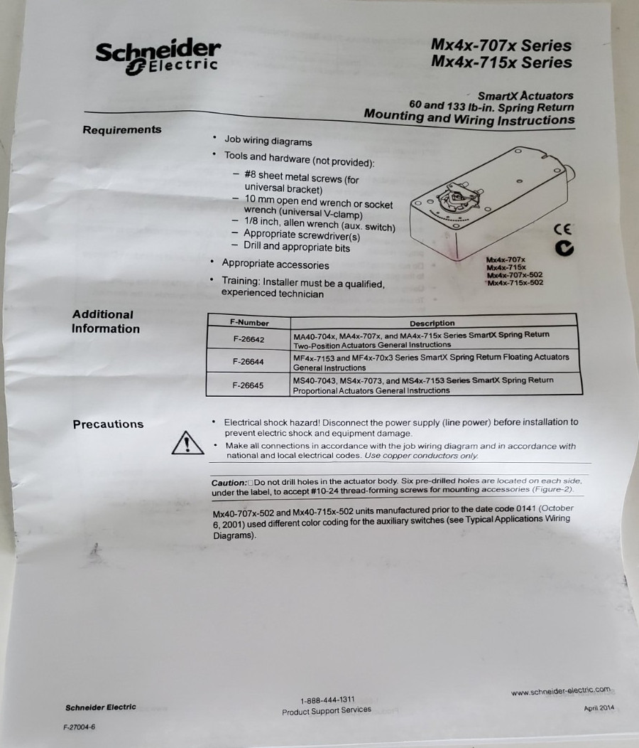Schneider Electric MA41-7073 Two Position Actuator 60 in-lb (7Nm) Spring Return