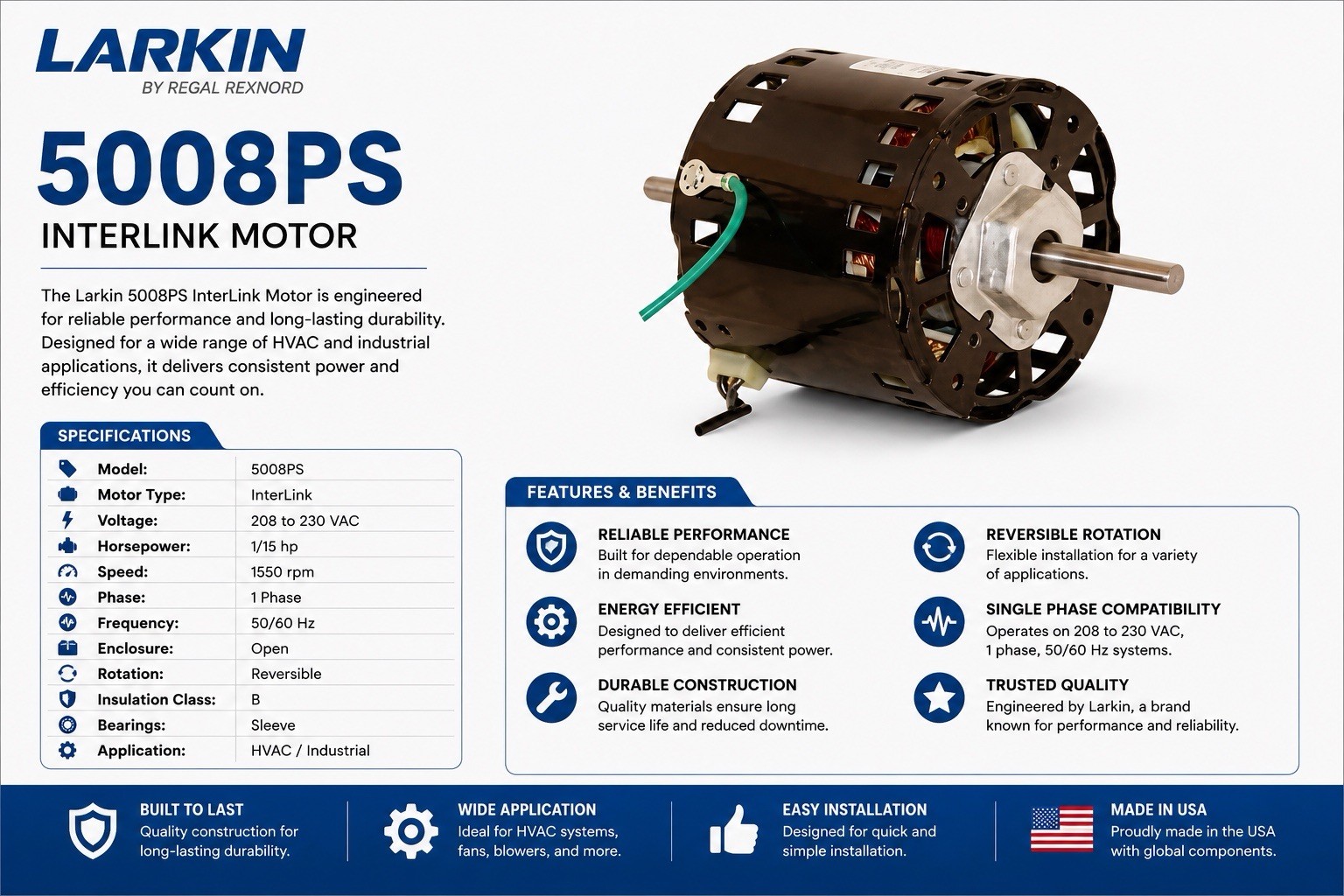 Larkin 5008PS InterLink Motor 208-230VAC 1PH 1550RPM 1/20HP 5/16in Dia