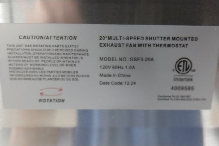 Canarm GSF3-20A 20 In Blade Diameter 1/4 HP 120VAC Galvanized Shutter Fan