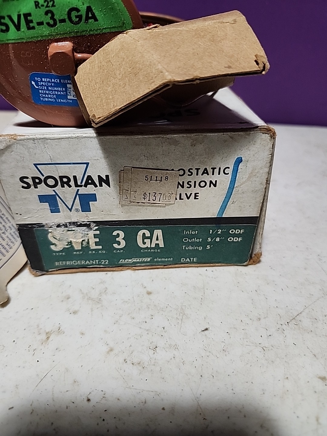 Carrier Sporlan EXPANSION VALVE EA02SC426, SVE-3-GA – 1/2 IN 5/8 OUT 5″ TUB NOS