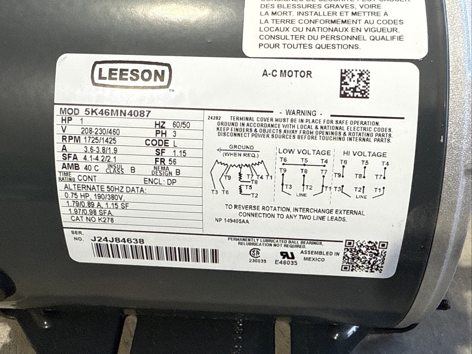LEESON ,5K46MN4087 HVAC MOTOR, 1 HP, 208-230/460V AC, 3-PHASE, 490T72,