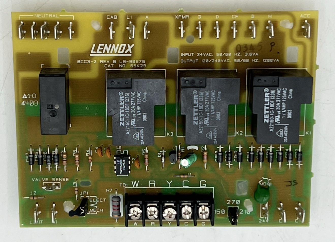 LENNOX BCC3-2 REV B LB-90676 CAT. NO. 65K29 FURNACE CIRCUIT CONTROL BOARD