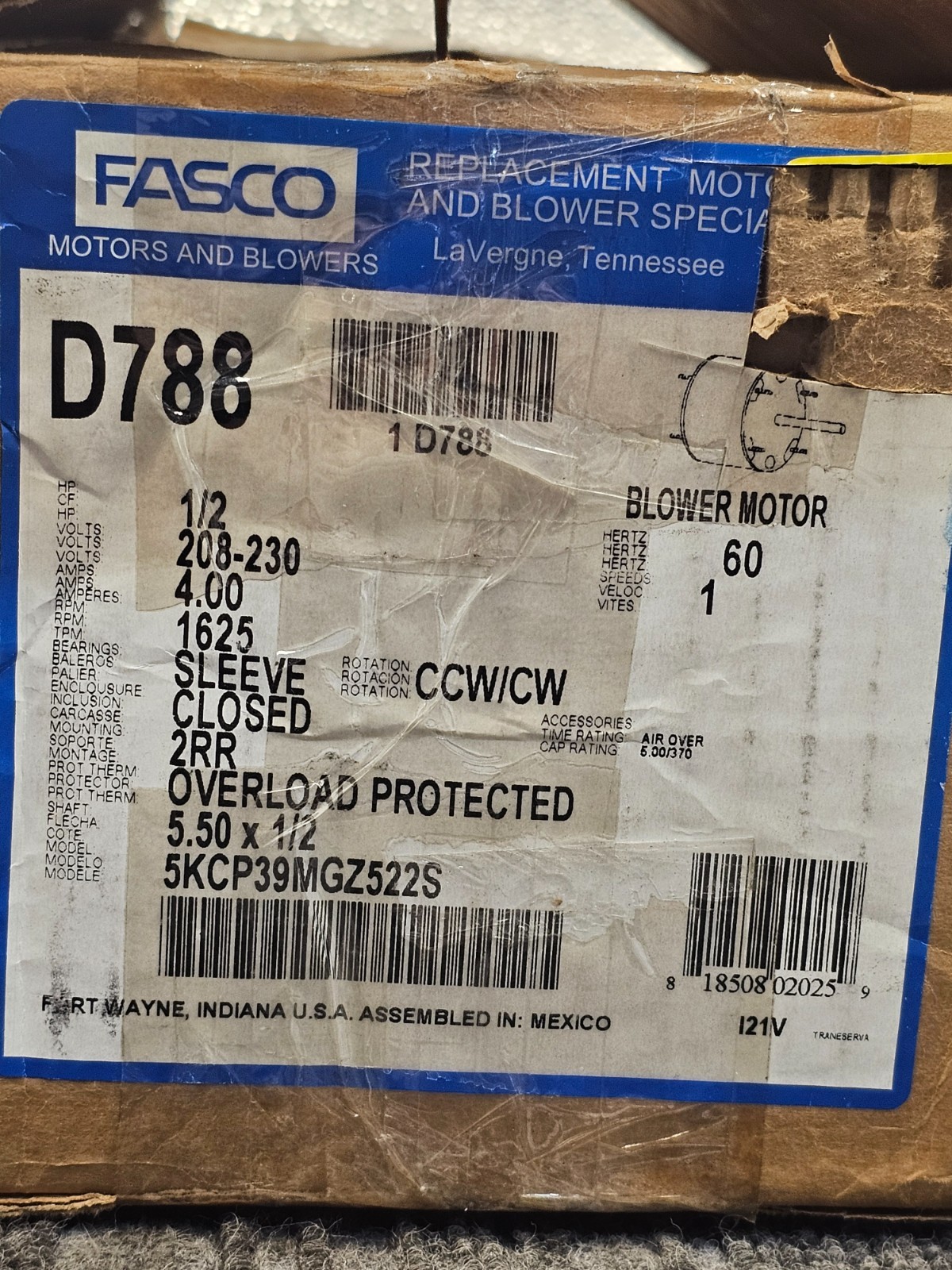 Fasco D788 Blower Motor HP 1/2 208-230V RPM1625 5KCP39MGZ522S Sleeve Closed
