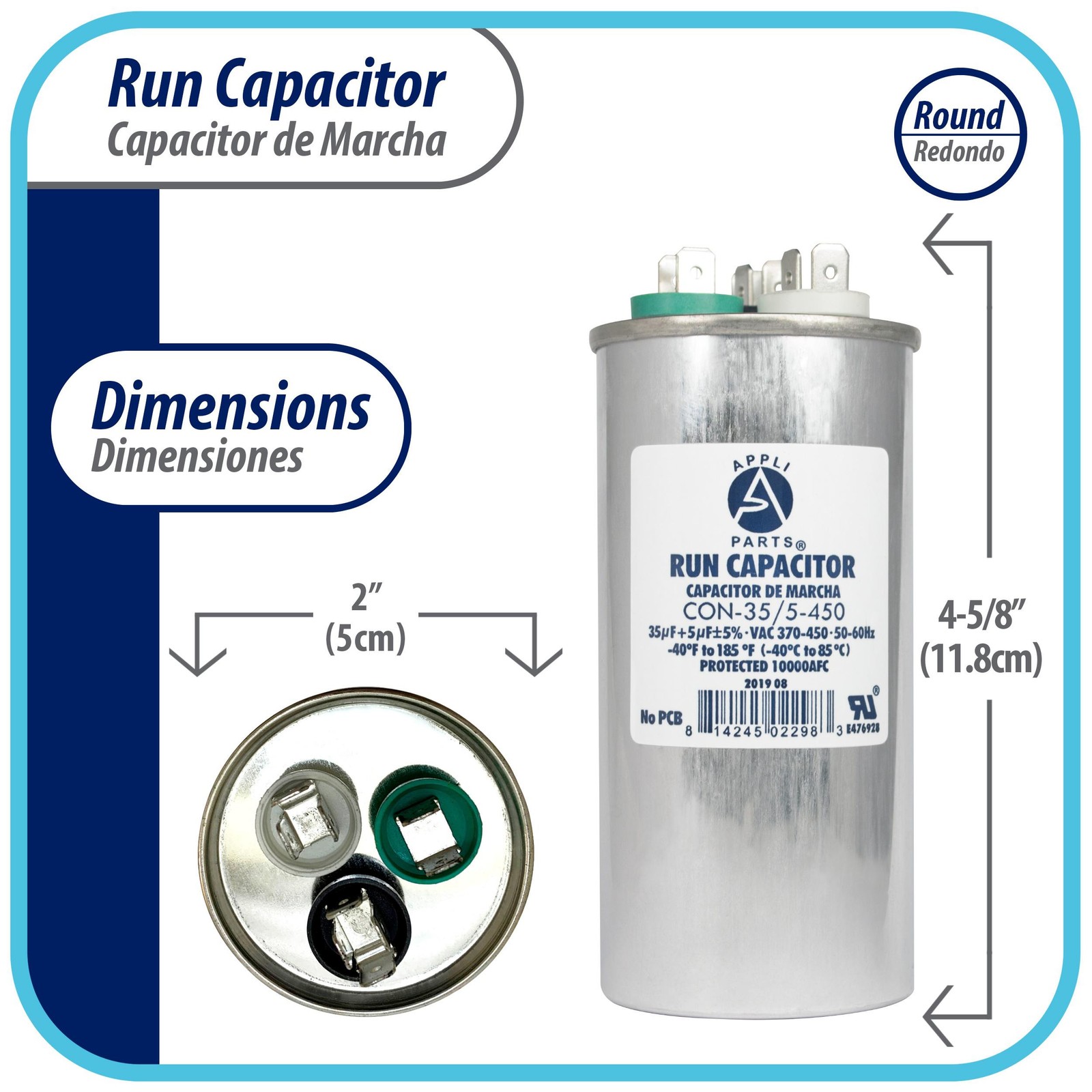 Appli Parts Dual Run Capacitor for ac 35+5 Mfd uF (microfarads) 370VAC or 450VAC