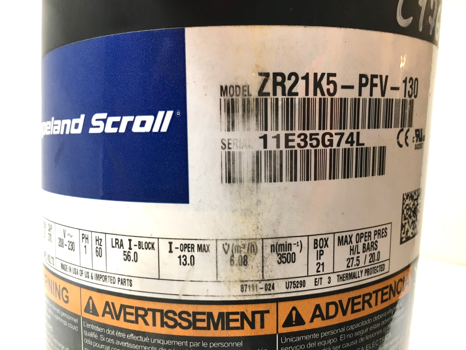 Copeland 2.5 Ton Scroll AC Compressor ZR21K5-PFV-130 R-22 208-230V used #C176