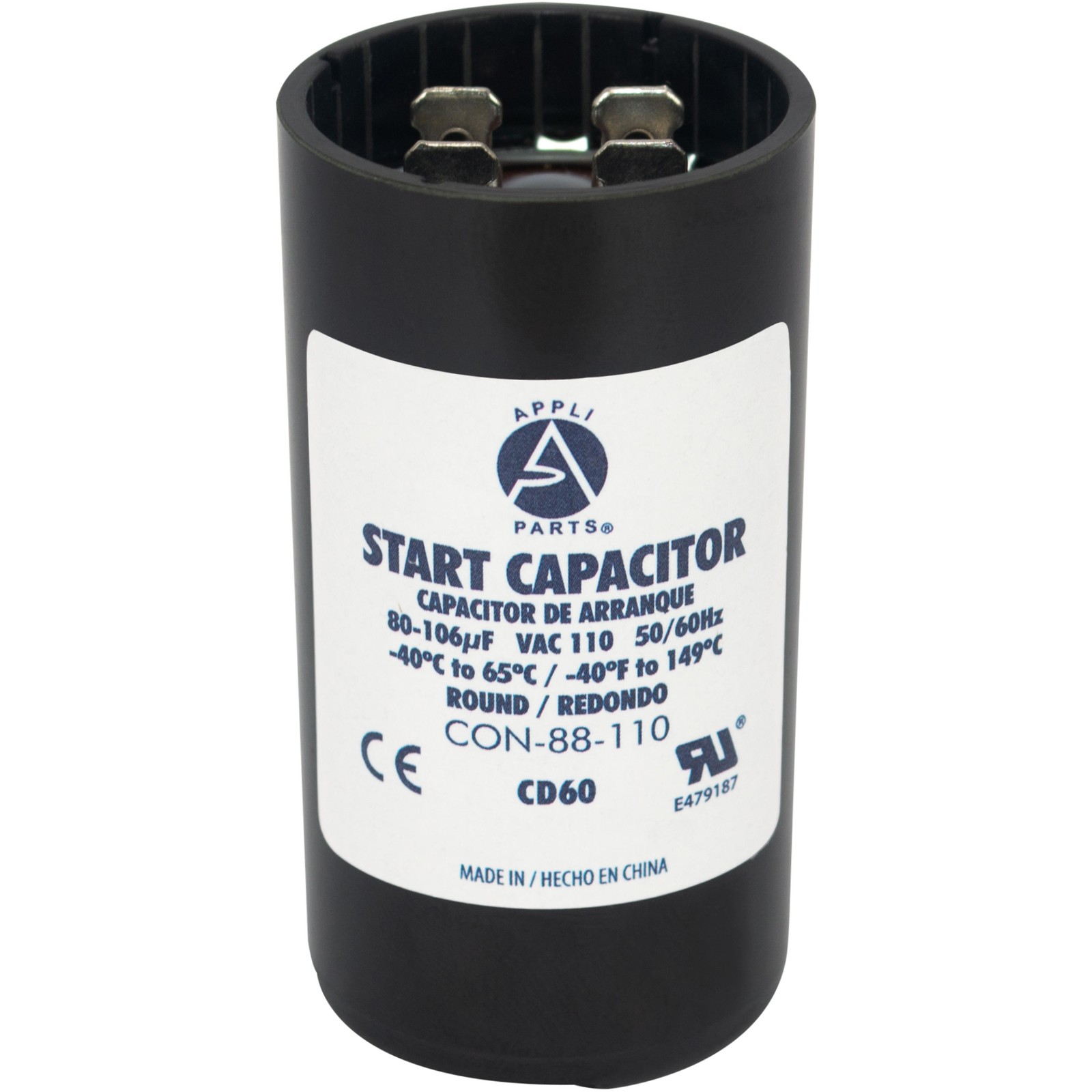 Appli Parts motor start capacitor 80-106 Mfd (microfarads) uF 110-125 VAC univer