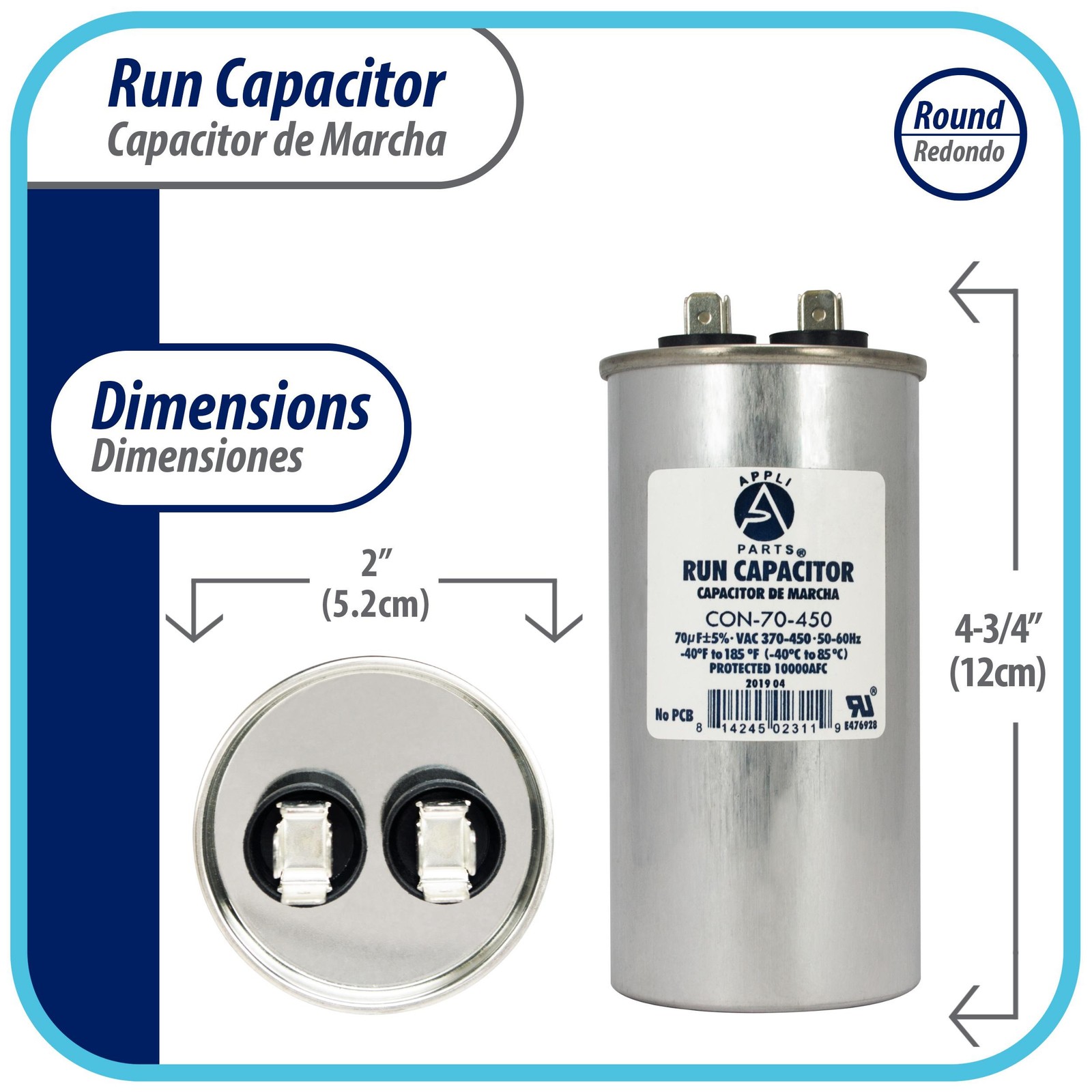 Appli Parts Run Capacitor for ac 70 Mfd uF (microfarads) 370 VAC or 450 VAC CBB6
