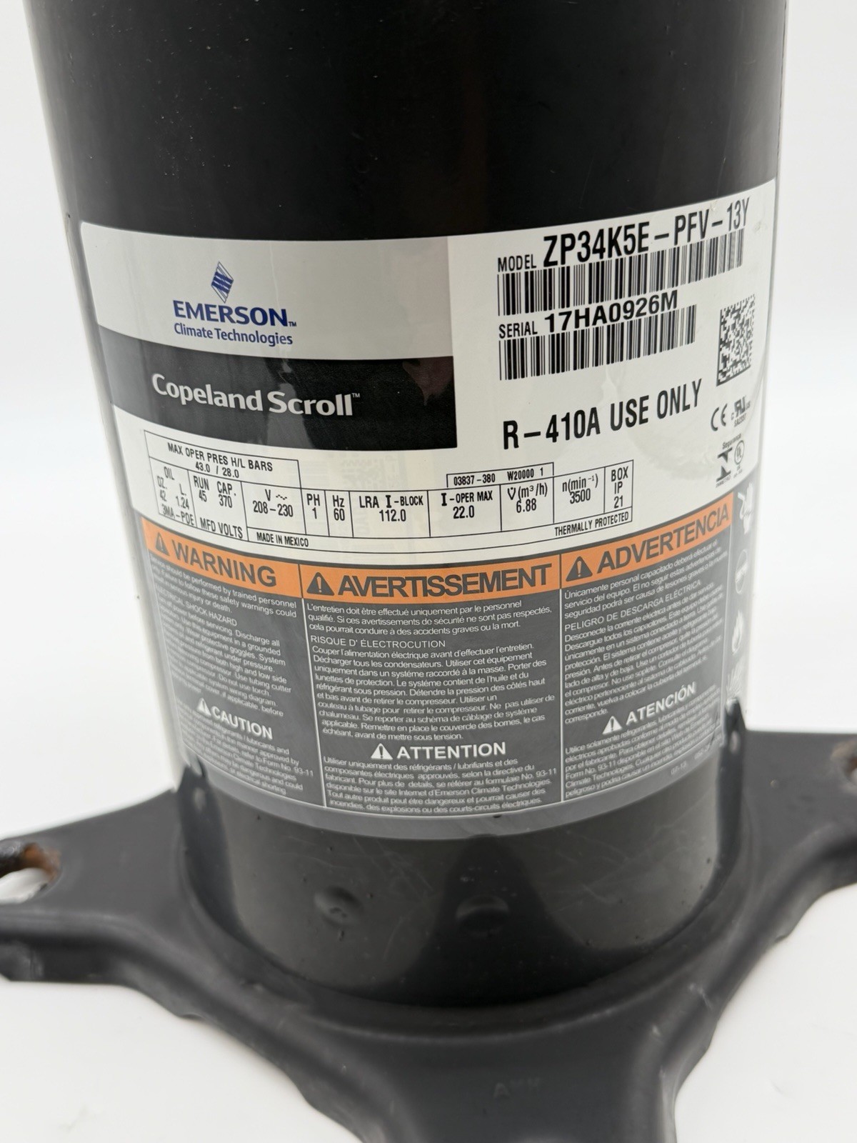 Copeland 3 ton Scroll Compressor ZP34K5E-PFV-130/ ZP34K5E-PFV-13Y Used Tested