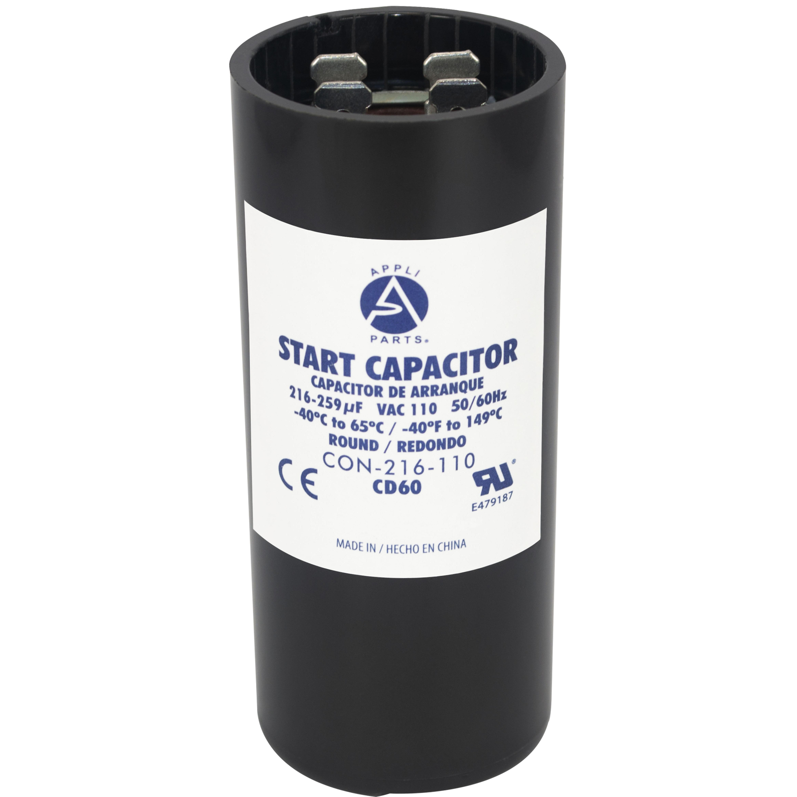 Appli Parts motor start capacitor 216-259 Mfd (microfarads) uF 110-125 VAC unive