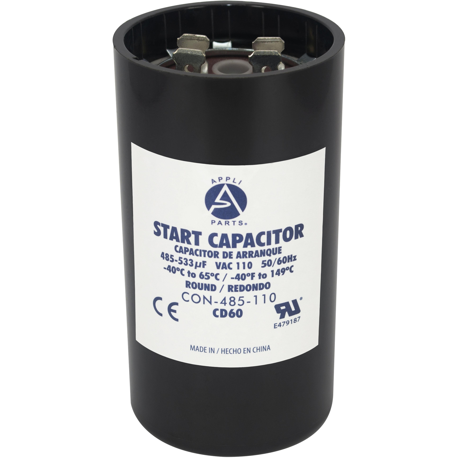 Appli Parts motor start capacitor 485-533 Mfd (microfarads) uF 110-125 VAC unive