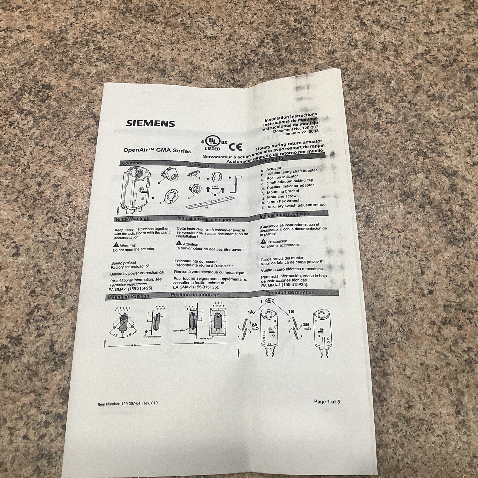 SIEMENS Open Air Actuator GMA131.1P 24V. 62in/Lb. 3P