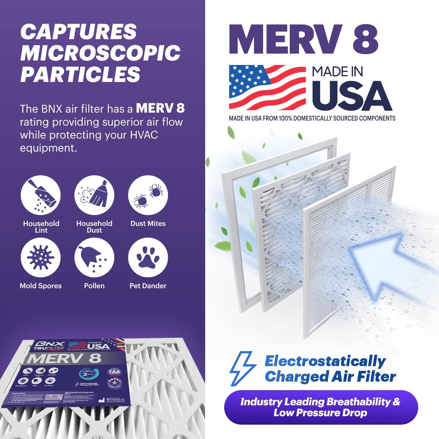 BNX TruFilter 16x25x1 Air Filter MERV 8 (6-Pack) – MADE IN USA – Dust & Pe