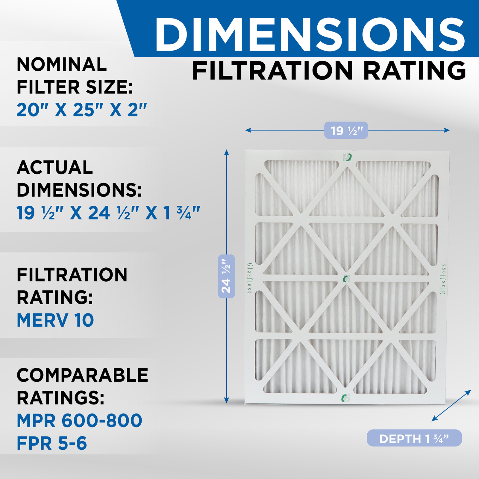 20x25x2 MERV 10 AC Air Filters. 12 PACK. Actual Size: 19-1/2 x 24-1/2 x 1-3/4