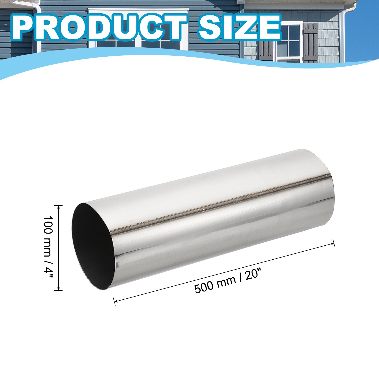 4″ Round Straight 20 Inch Long Stainless Steel Duct Air Pipeline, Silver