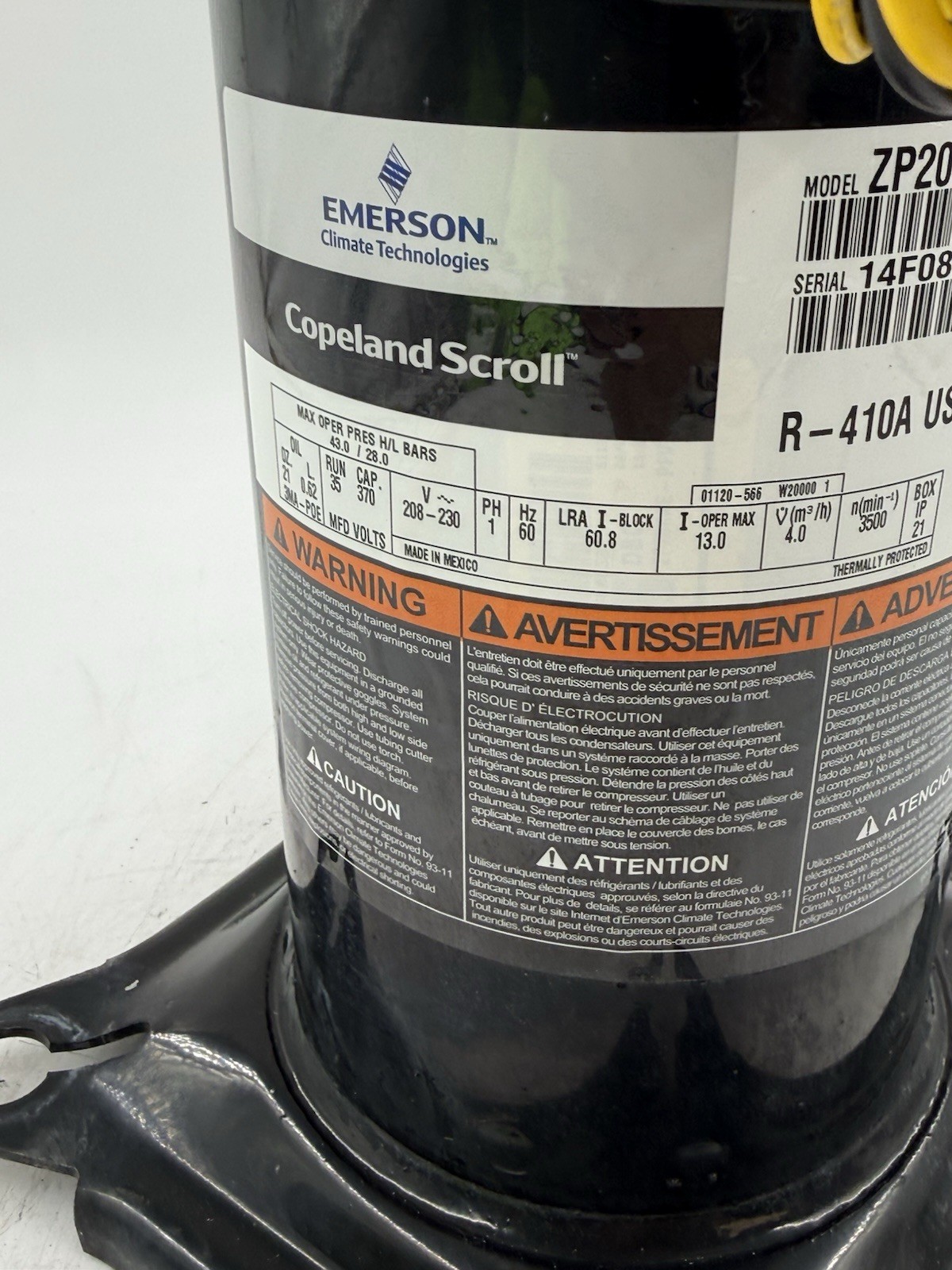 Copeland ZP20KAE-PFV-130 Scroll Compressor R410A 208/230V 1 PH used #A1-39