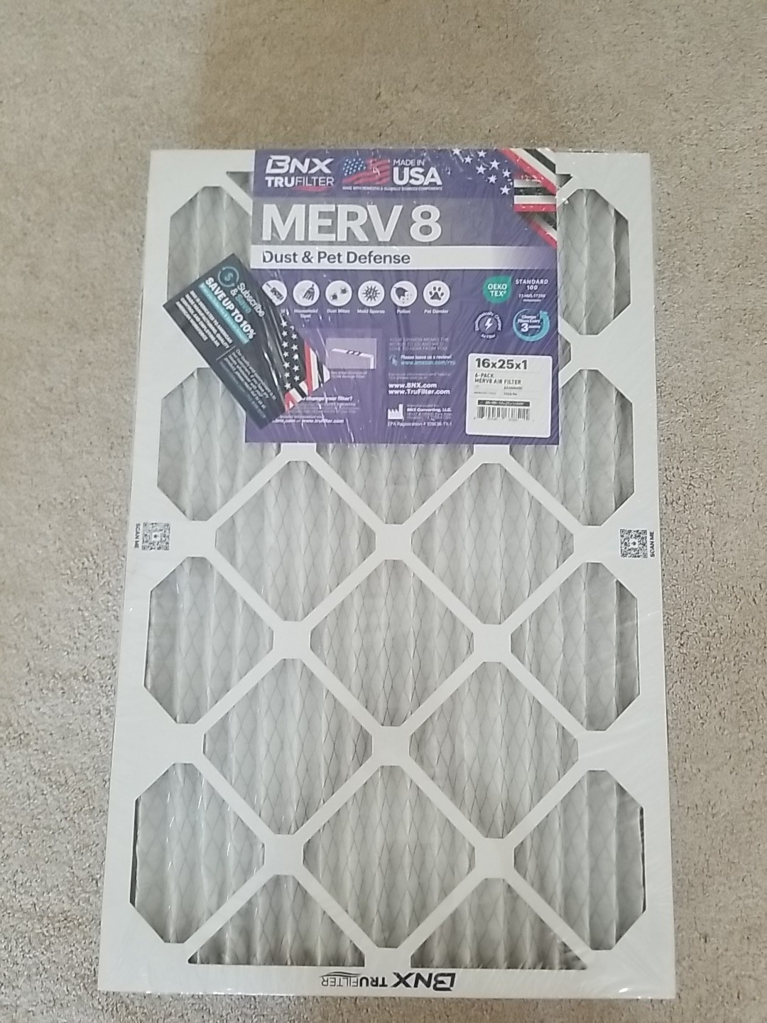 BNX TruFilter 16x25x1 Air Filter MERV 8 (6-Pack) – MADE IN USA – Dust & Pe