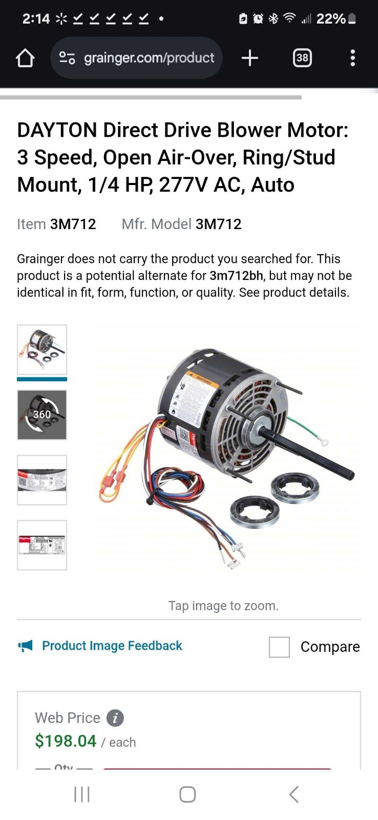 DAYTON Direct Drive Blower Motor: 3 Speed, Open Air-Over, Ring/Stud Mount,…