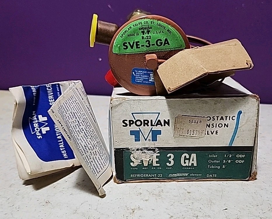 Carrier Sporlan EXPANSION VALVE EA02SC426, SVE-3-GA – 1/2 IN 5/8 OUT 5″ TUB NOS