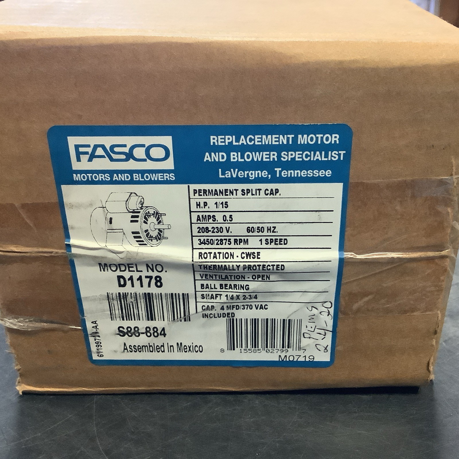 Fasco D1178 Motor, 1/15 Hp, 0.5Amps, 207-230V, 60/50Hz, 3450/2875 RPM