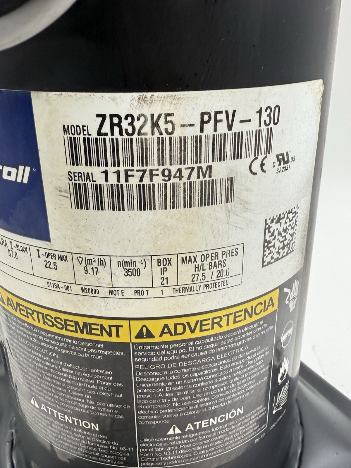 Copeland 2.5 Ton Scroll A/C Condenser Compressor ZR32K5-PFV-130 R-22 used C181
