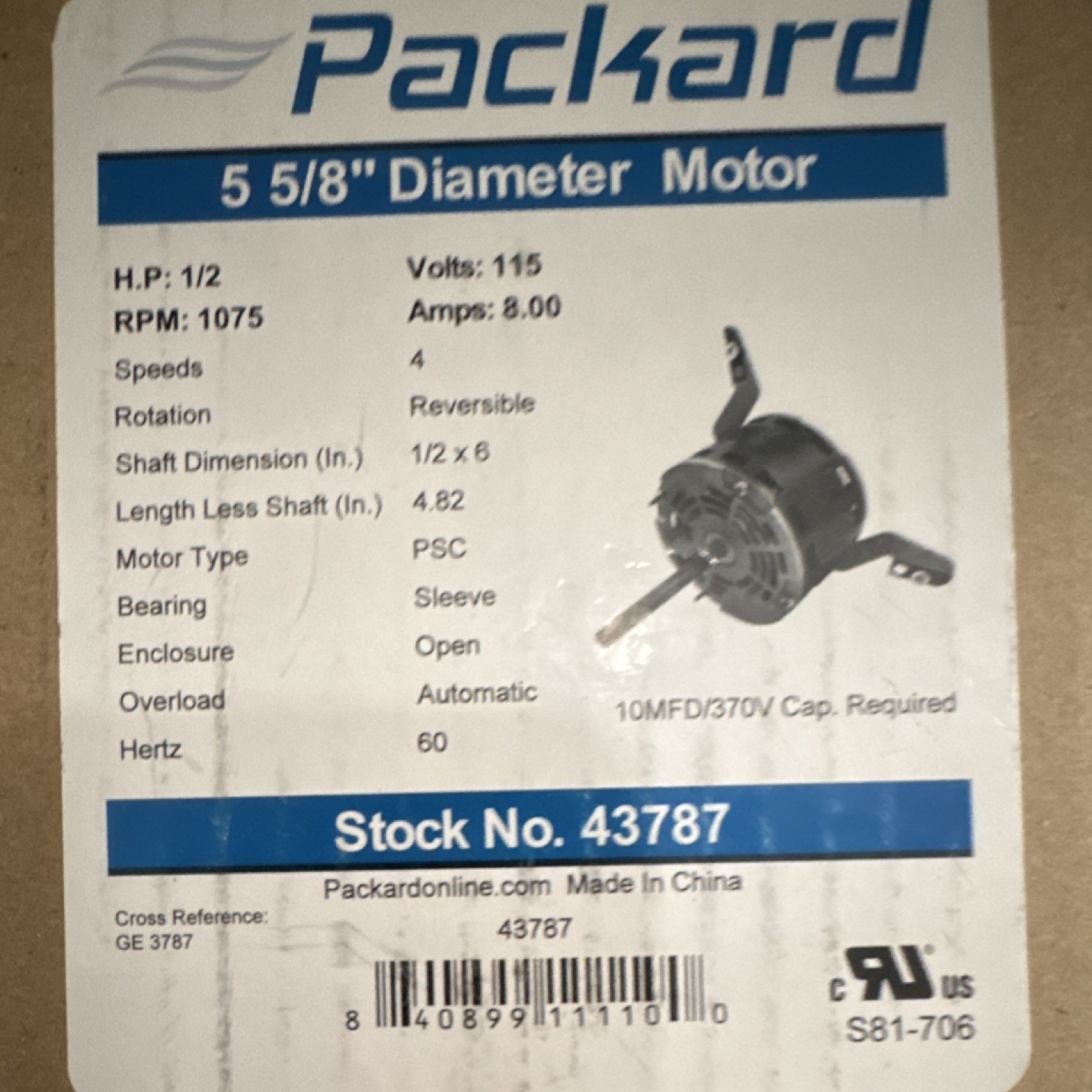 Packard 43787 HVAC Motor 5 5/8″ Dia 1/2 HP 1075RPM 115V 8A Reversible Sleeve
