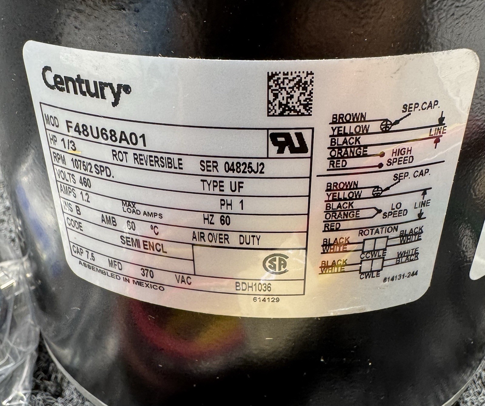 CENTURY BDH1036 Condenser Fan Motor, 1/3 HP, 460V AC, 1 Phase F48U68A01