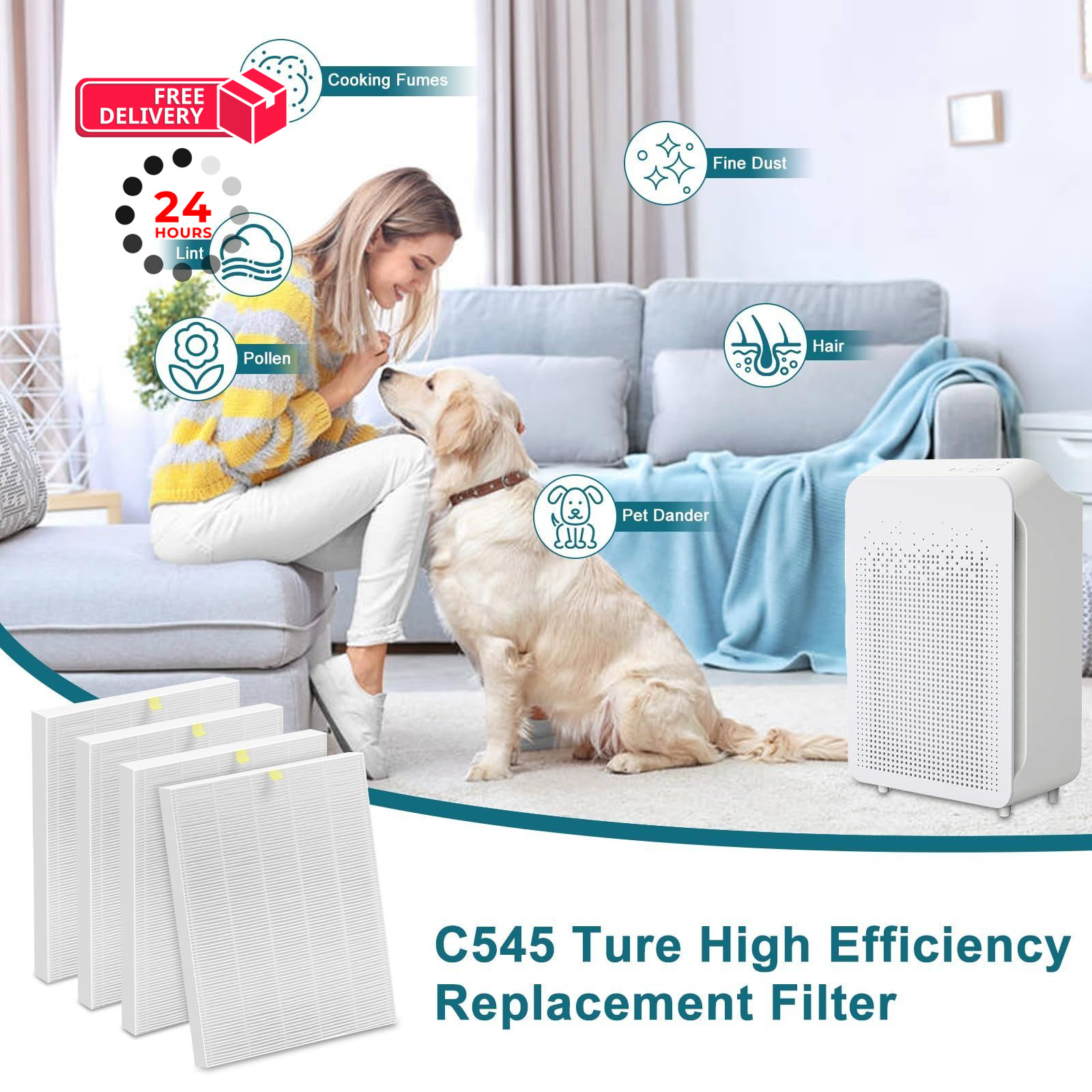 4-Pack Replacement Filter S for Winix C545 Air Purifier, 4 Filters, White