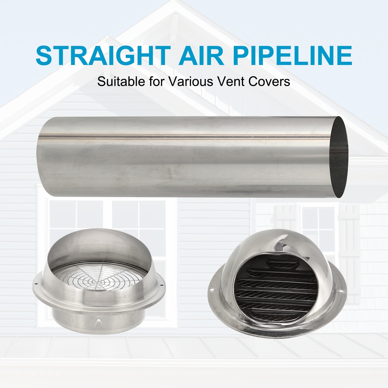 4″ Round Straight 20 Inch Long Stainless Steel Duct Air Pipeline, Silver