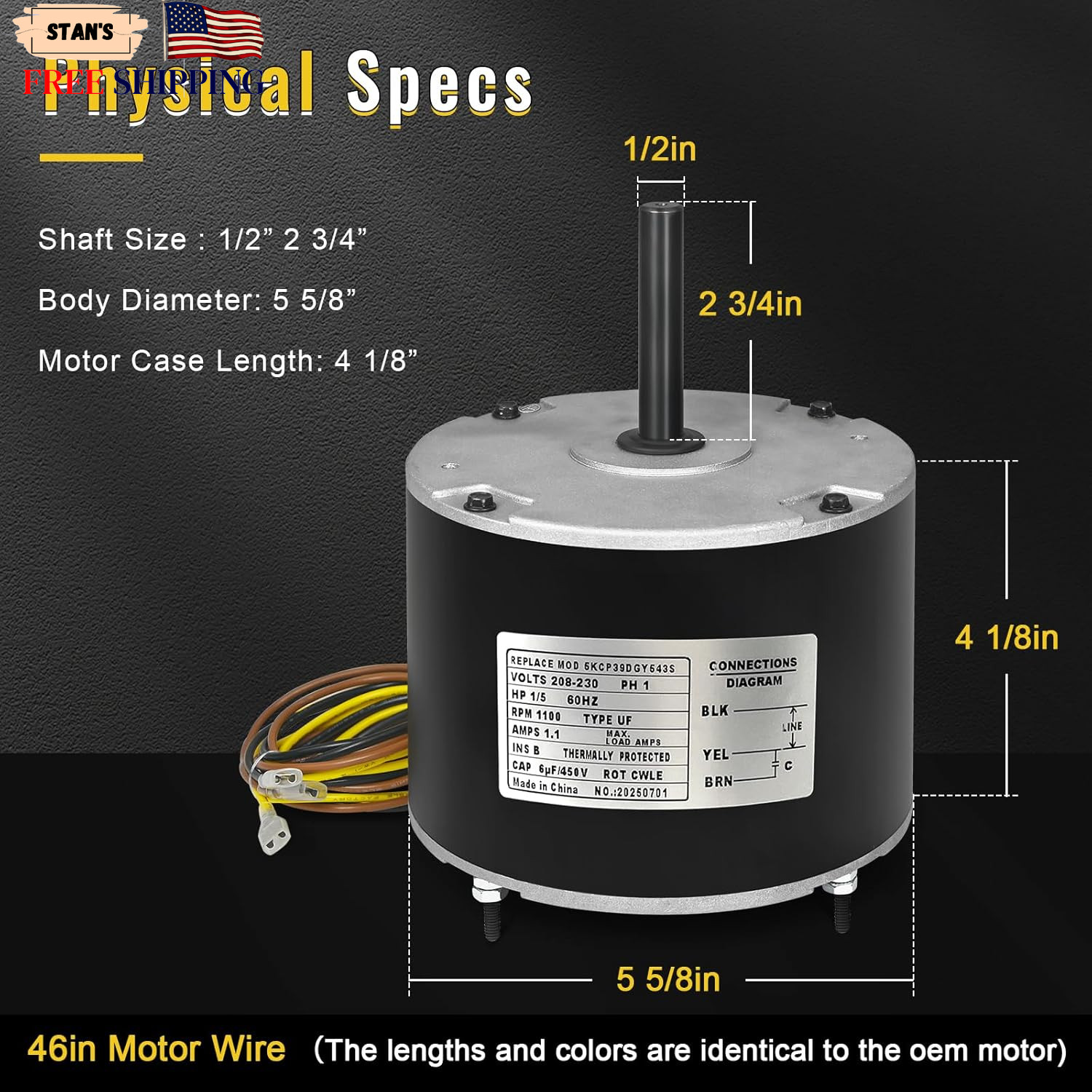 5KCP39DGY543S Condenser Fan Motor Replacement 1/5HP 1100RPM 208-230V NEW USA