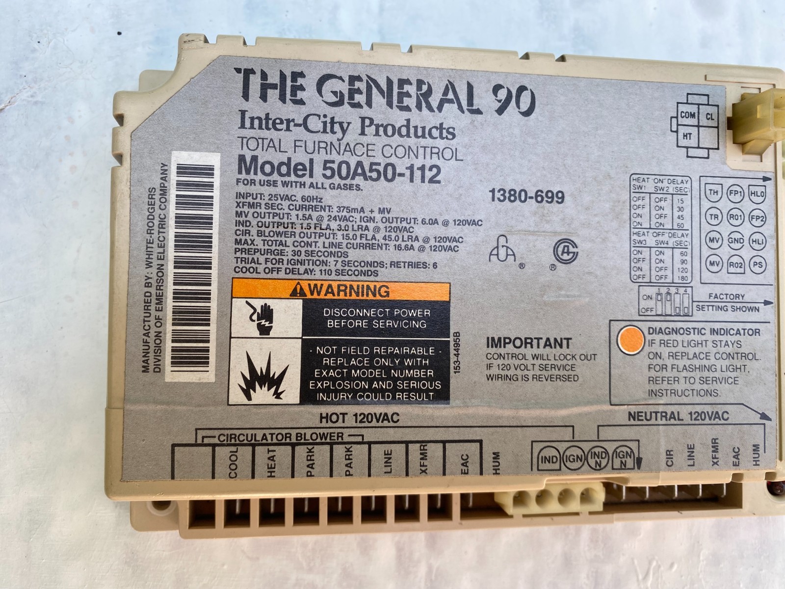 White-Rodgers 50A50-112 1380-699 Total Furnace Control The General 90