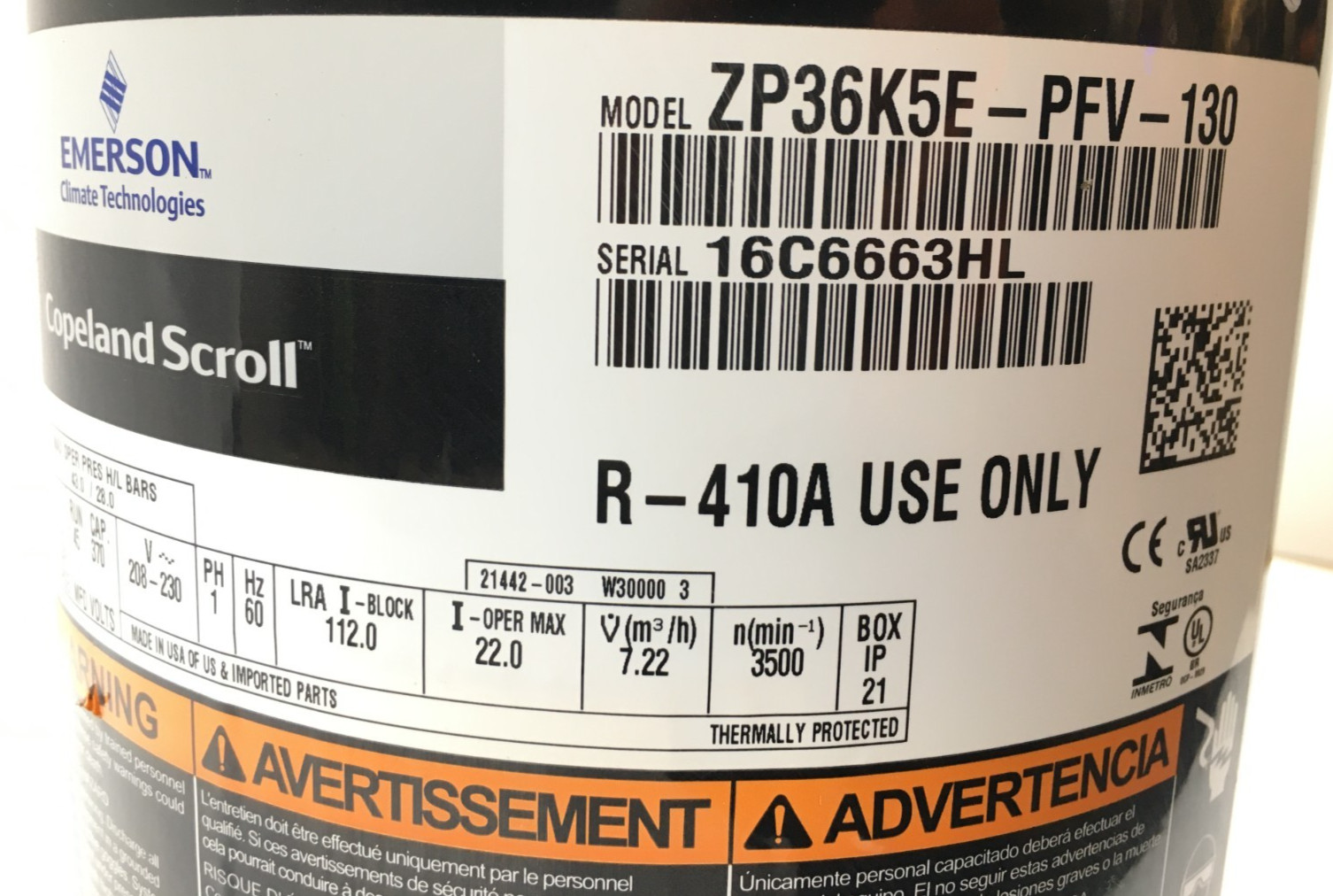 COPELAND Scroll ZP36K5E-PFV-130 36,000 BTU 230V 1PH 60HZ R-410A only! used #C68