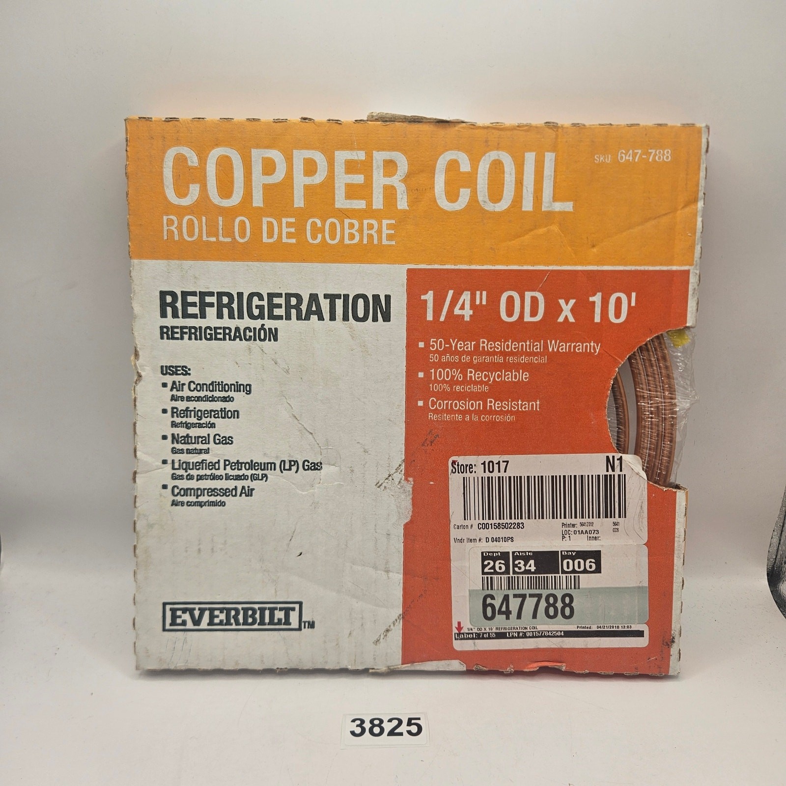 EVERBILT SOFT COPPER REFRIGERATION COIL 1/4″ OD X 10 FT 647-788 NIB