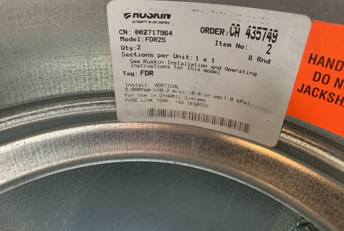 Ruskin FDR25 Rated Round Fire Damper 1-1/2 Hour 165 Degrees 6 Rnd