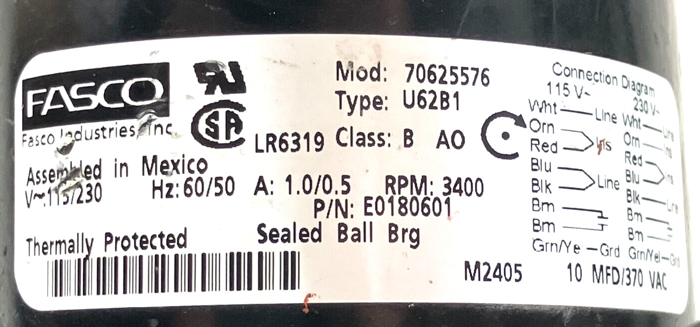 FASCO 70625576 Inducer Blower Motor Assembly E0180601 U62B1 used #L26