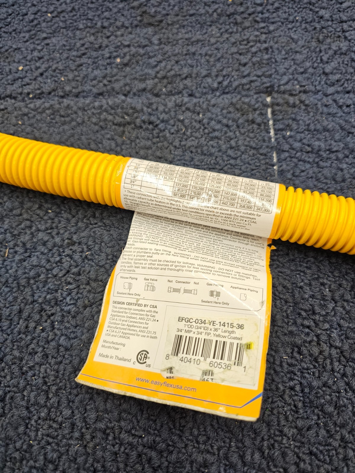 Easyflex EFGC-034-YE-1415-36 Gas Connector 1″ OD 3/4″ MIP x FIP 36″ Yellow