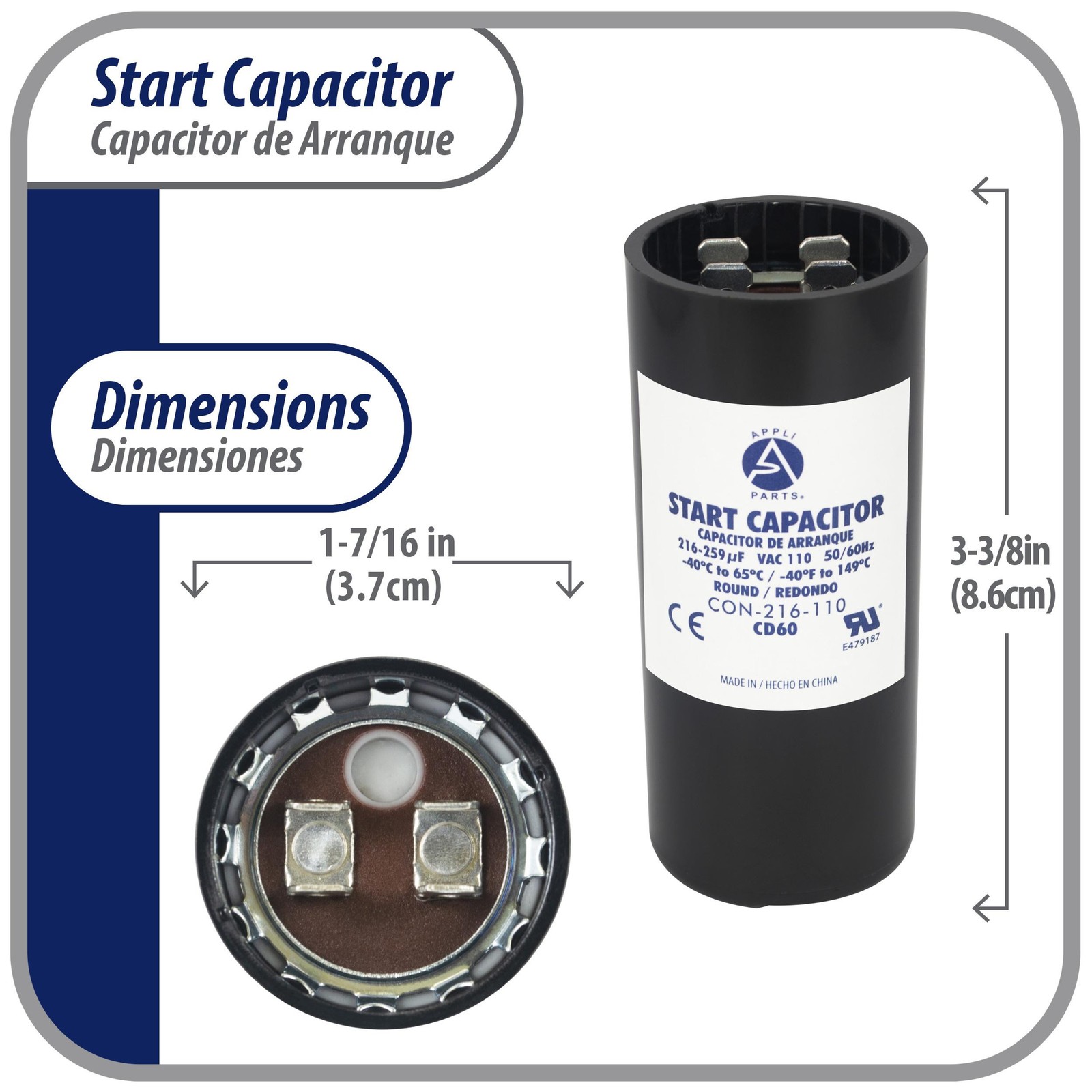 Appli Parts motor start capacitor 216-259 Mfd (microfarads) uF 110-125 VAC unive