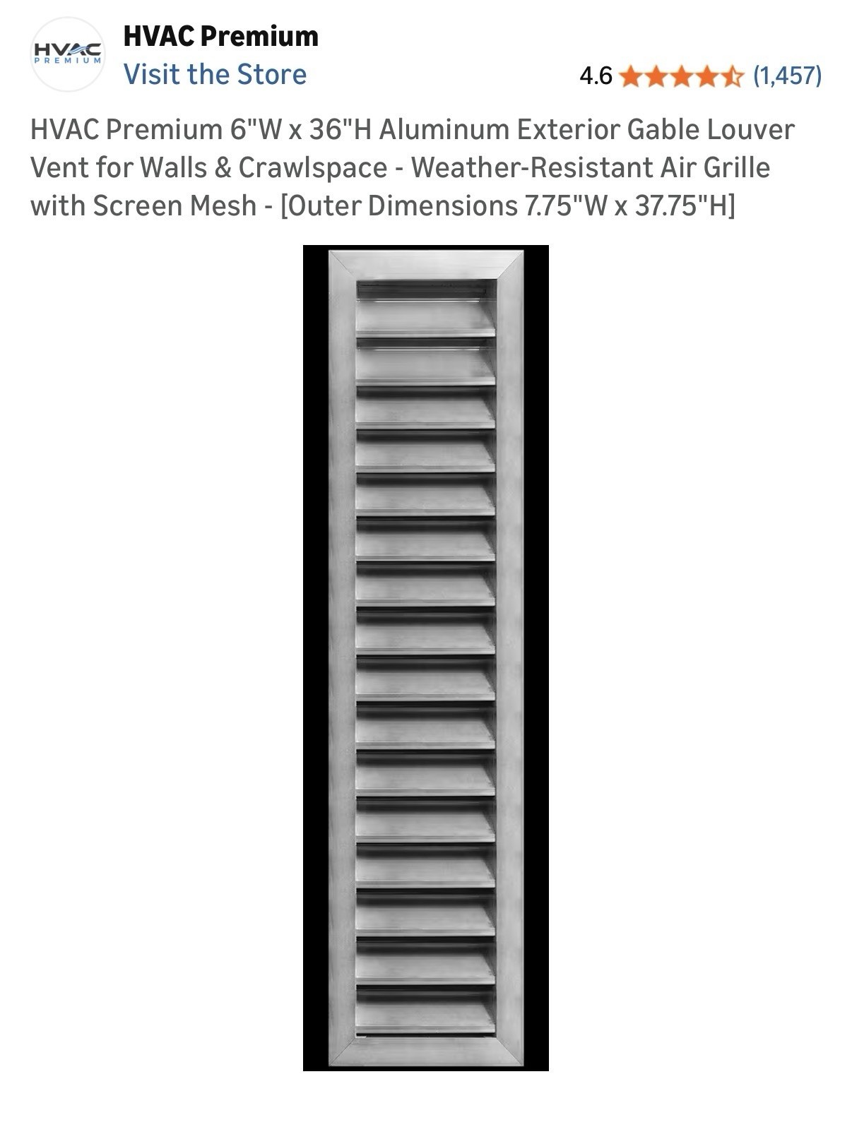 HVAC Premium 6 x 36 Aluminum Exterior Louver Vent Mesh Outer Dim 7.75 x 37.75