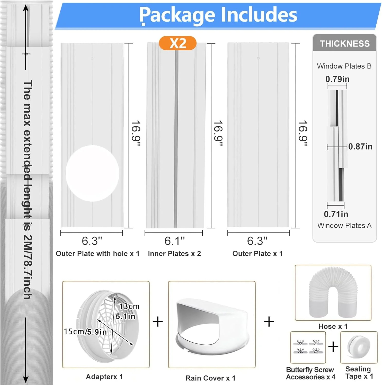 Portable AC Window Vent Kit with 5.9″ Exhaust Hose, Adjustable PVC Window Seal P