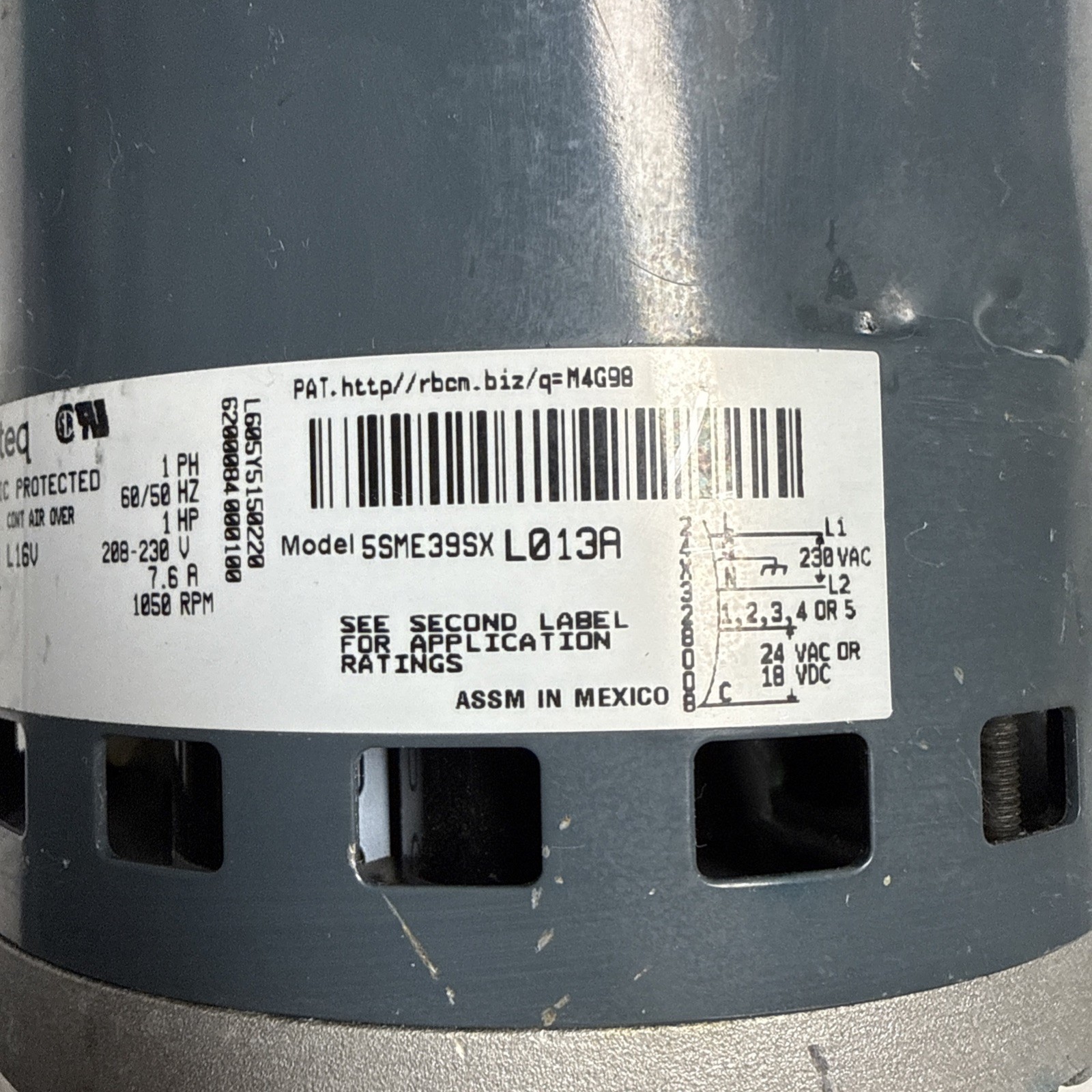 Genteq 5SME39SXL013A Blower Motor 1HP 208-230V 1Phase 7.6Amp 1050 RPM