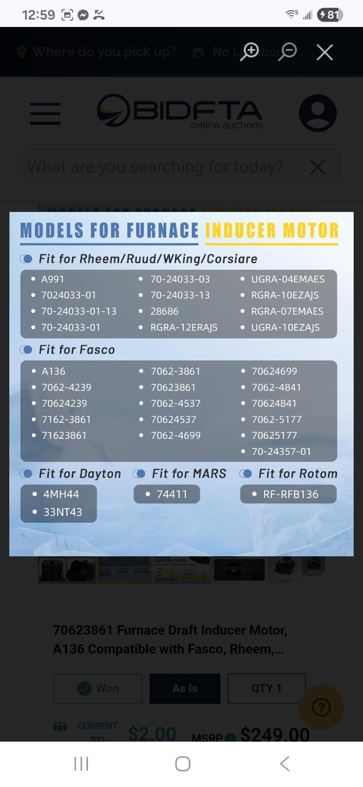 Fasco 70624239 A136 Draft Inducer Motor Rheem Ruud