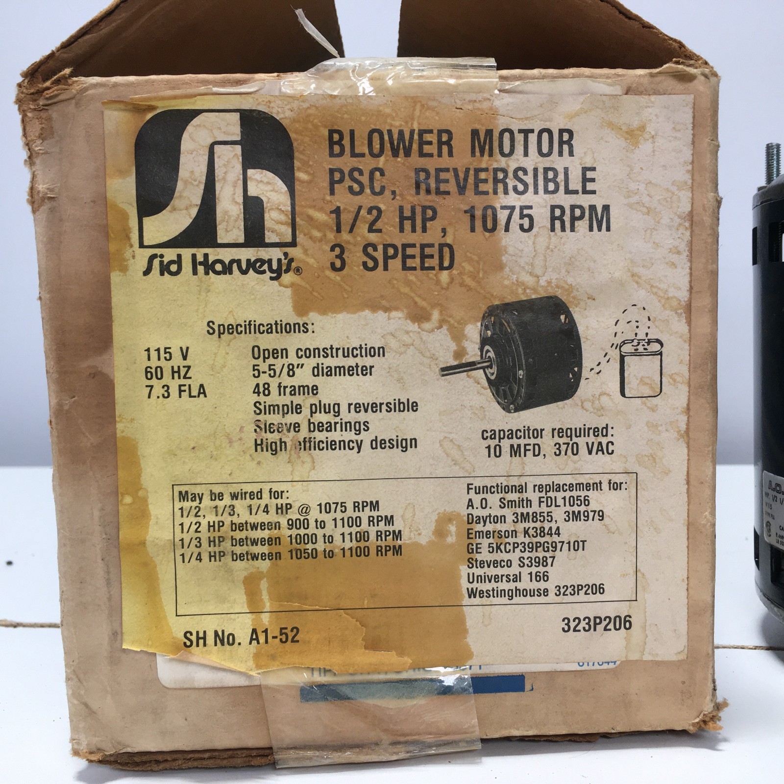 Sid Harvey A.O. Smith 323P206 Blower Motor 3 Spd 1/2HP 1075RPM 115V 7.3 A
