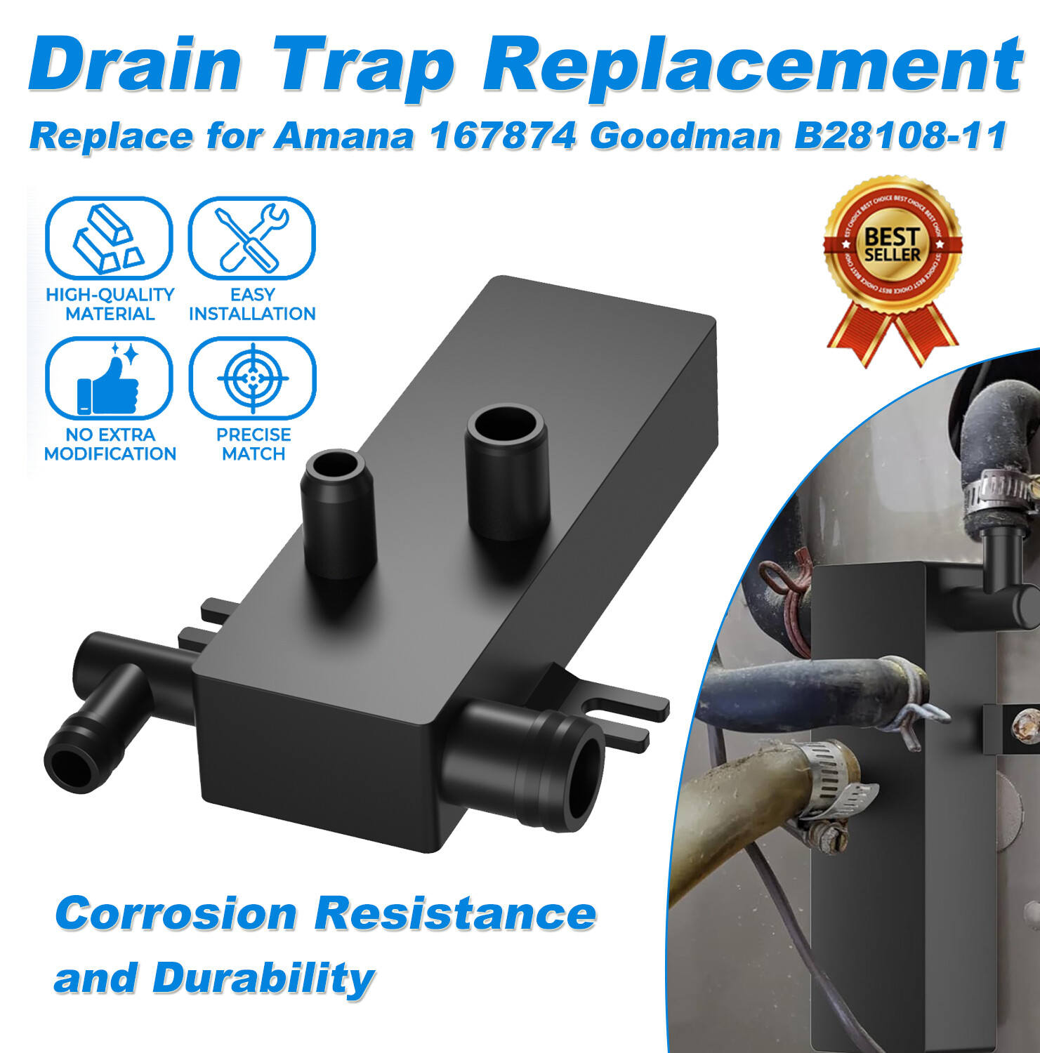 Black Air Conditioner Furnace Drain Trap For Amana 167874 Goodman B28108-11 US